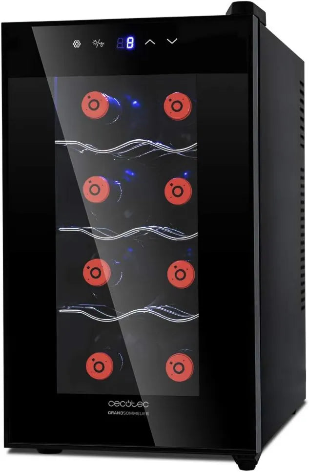 Cecotec chłodziarka do wina, Piwnica elektryczna do wina, 25 l, 8 butelek, dotyk, stal nierdzewna, Design FullCrystal Door, wykończenie lustra