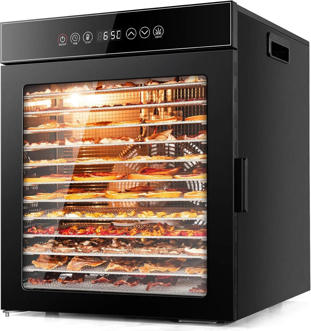 LT-09 wentylator, 900 W, 12 poziomów, timer, Kwasyo Suszarka ze stali nierdzewnej, całkowicie czarna, regulacja temperatury 30-90°C, timer 24-godzinny