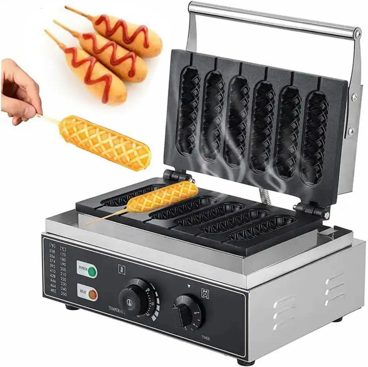 GEHPYYDS gofrownica / opiekacz, 6szt. Hot Dog maszyna, Wafle elektryczne, 1550 W, 50 do 300°C, minutnik, Powłoka nieprzylegająca, Stal nierdzewna 6Pcs