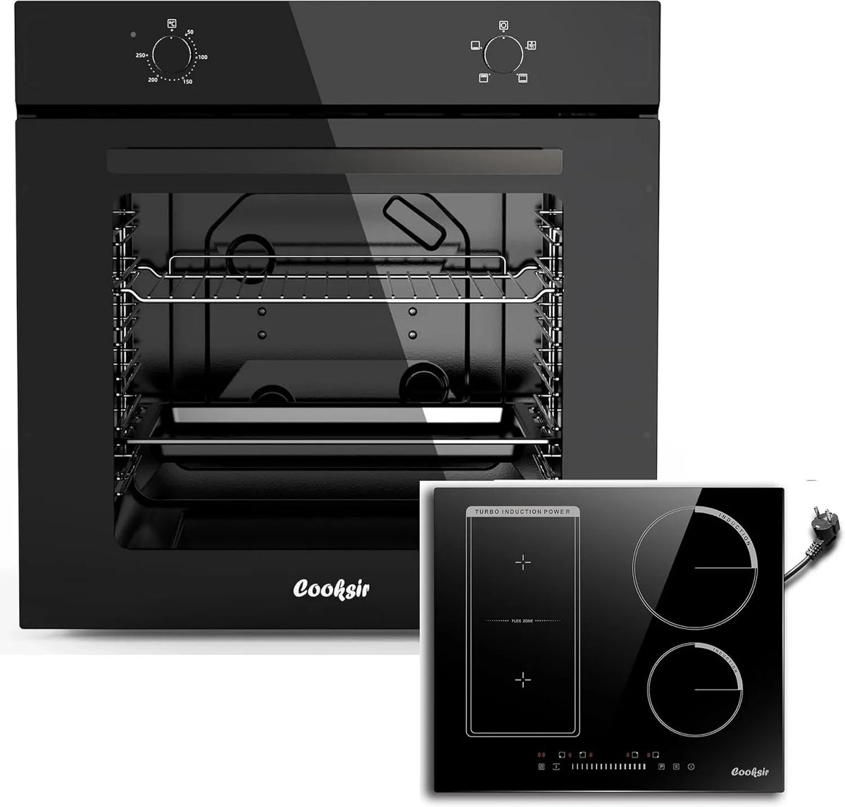 Cooksir piekarnik do zabudowy, Piec elektryczny, 60 CM, 4 pola grzewcze, 3500 W, 4 programów, do zabudowy, duża pojemność Piekarnik 65 Beders z gniazdem + Płyta indukcyjna 4 Pożary z gniazdem 3500 W