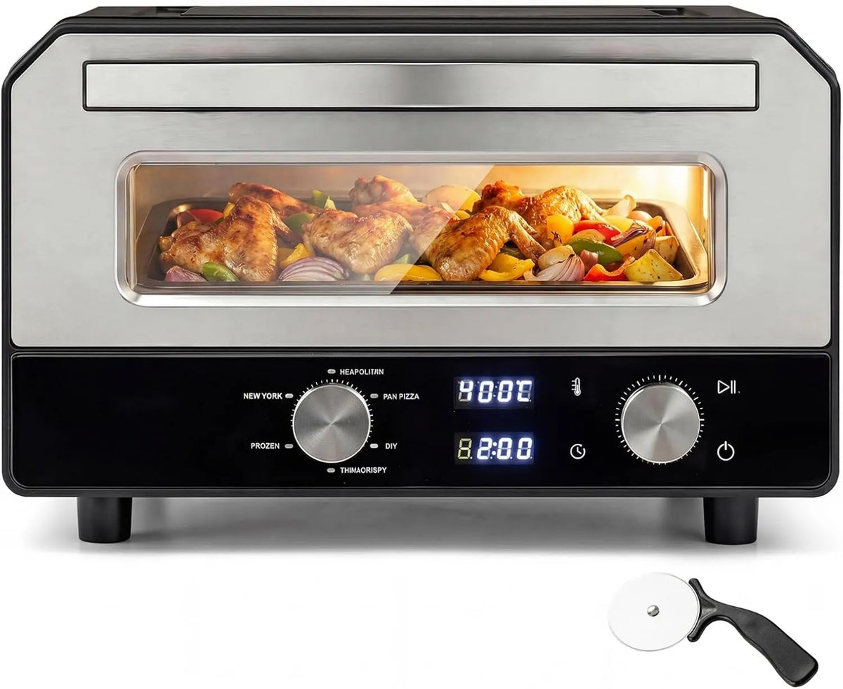 LIFEZEAL piec do pizzy, Elektryczny mini piekarnik do pizzy, 6 programów, 2 strefy temperatury, Szybkie gotowanie w 2 minuty, Pizza nóż, 400°C, Temperatura i czas regulowany