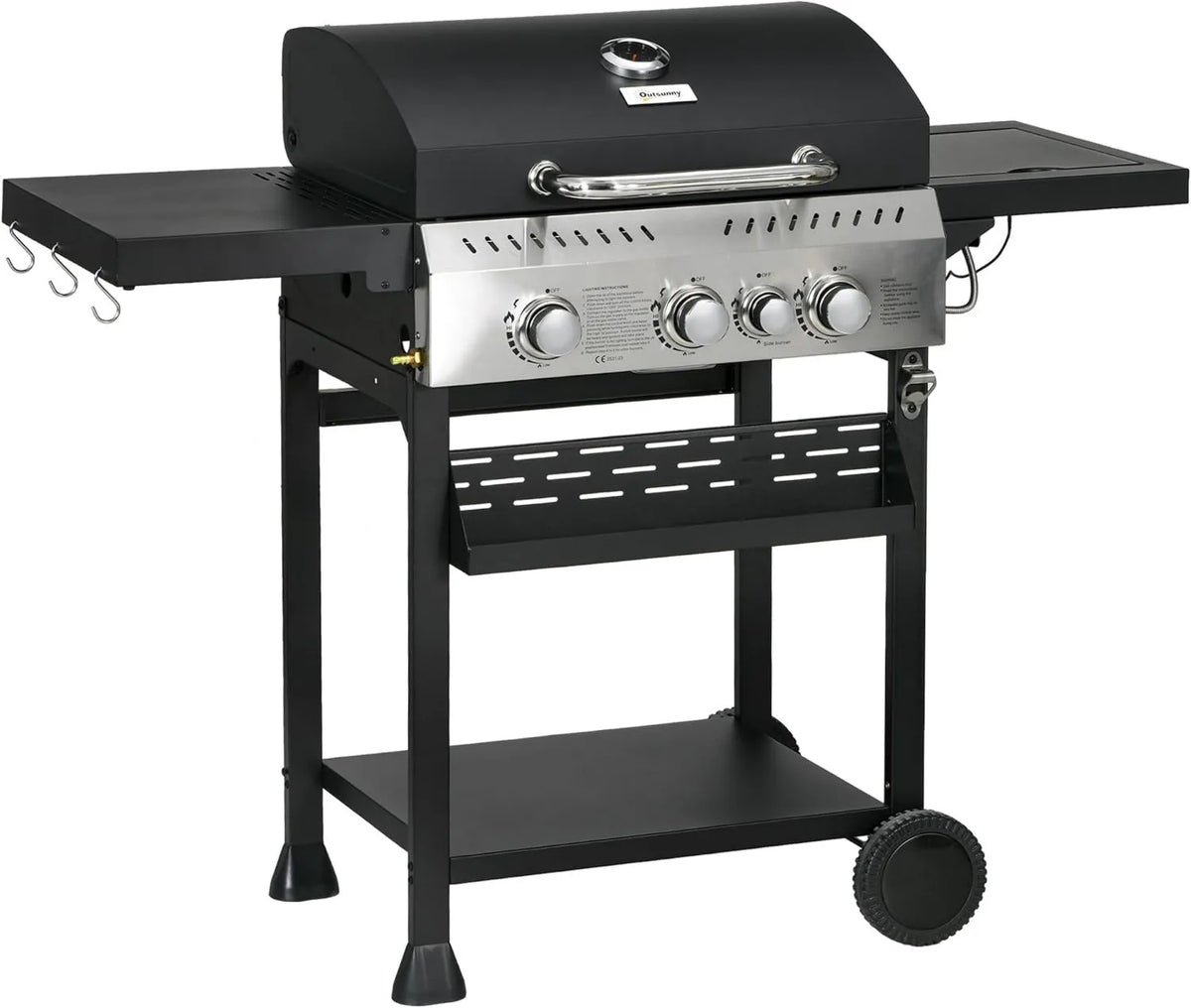Outsunny grill gazowy, 80 kg, 10 kg, funkcja grilla, grill ze stali nierdzewnej, z bocznym palnikiem, rusztem do grillowania, otwieraczem do butelek