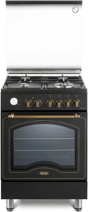 De'Longhi kuchenka z piekarnikiem, Z 'Longhi Gaz płyta grzewcza elektrycznym, 60 cm, klasa energii E, grill, odlewane żelazko, czarny, 1 podwójna korona, Easyteam, De' Longhi PEMA 664 CLSG