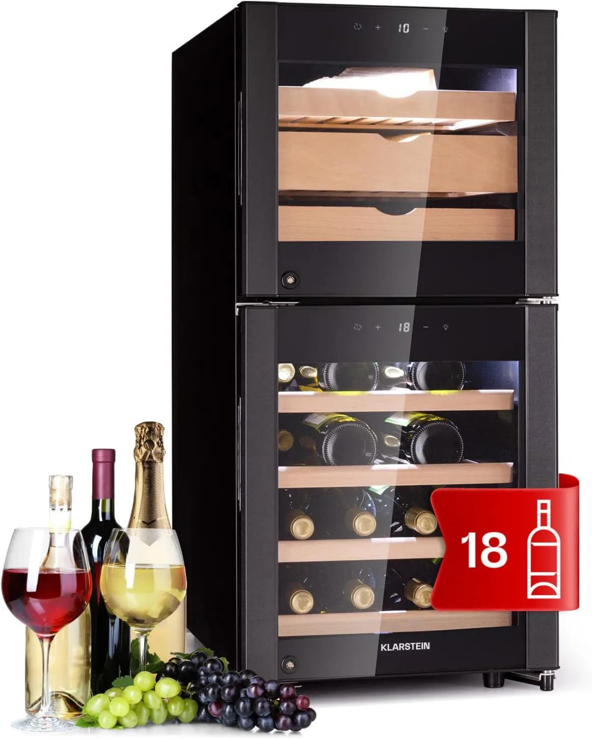 KLARSTEIN chłodziarka do wina, Piwnica elektryczna wina, 89 l, dotyk, ochrona przed promieniowaniem UV, piwnice 89 l, piwnica Wino i ser, drzwi szklane, piwnica w wieku