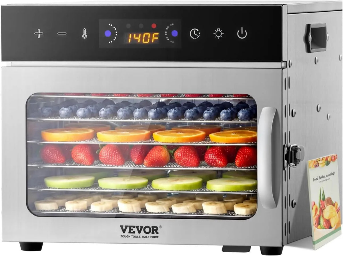 VEVOR suszarka do żywności, Suszarka, odwodniona żywność, 400 W, licznik, stal nierdzewna, 6 tac, do mięsa