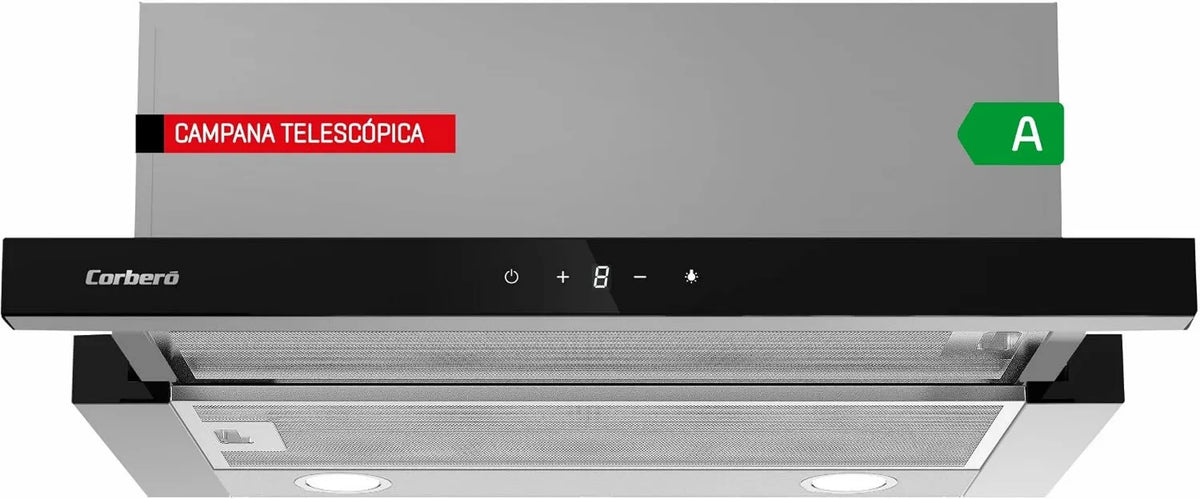Corbero okap kuchenny, ANETO960X m3 / h, 90 cm, 165 W, 600 m3 / h, 3 prędkości, czarny, 3-warstwowy filtr aluminiowy, Corberó - Okap teleskopowy m3/h