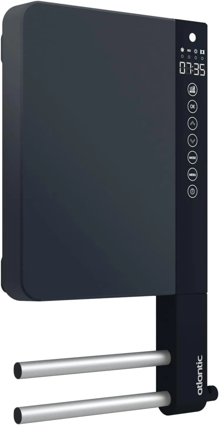 Atlantic, 800 W + 1000 W Atlantyk, TELIA, Czarne ręczniki suszarka 2 bary 1800 W, mini format dla maksymalnej funkcjonalności, Skrzynka kontrolna