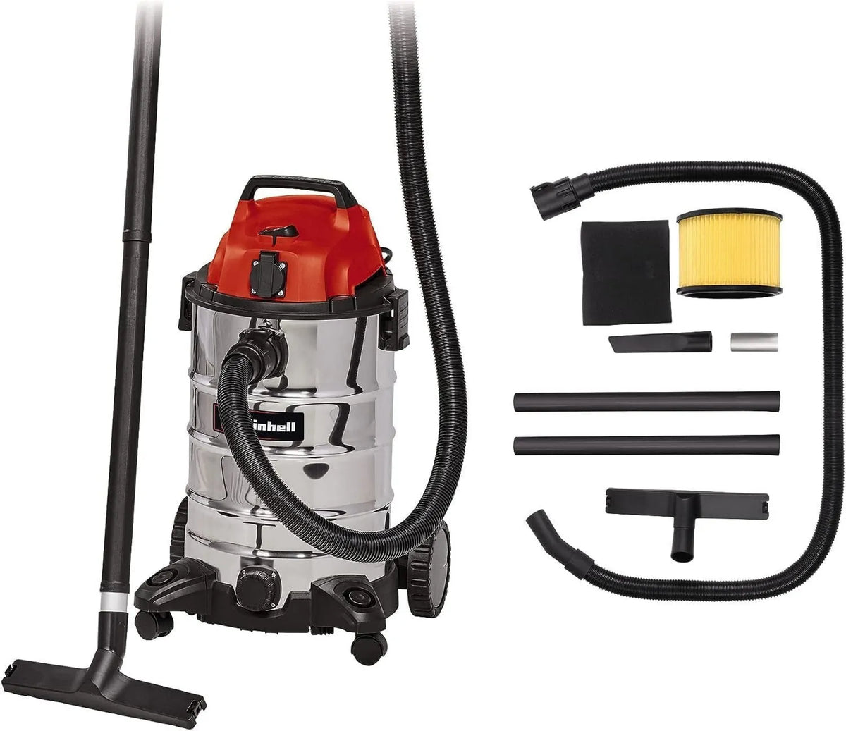 Einhell, TC- VC 1930 Odkurzacz, 30 l, 1500 W, duży zbiornik, stal nierdzewna, gniazdo Synchro OEP