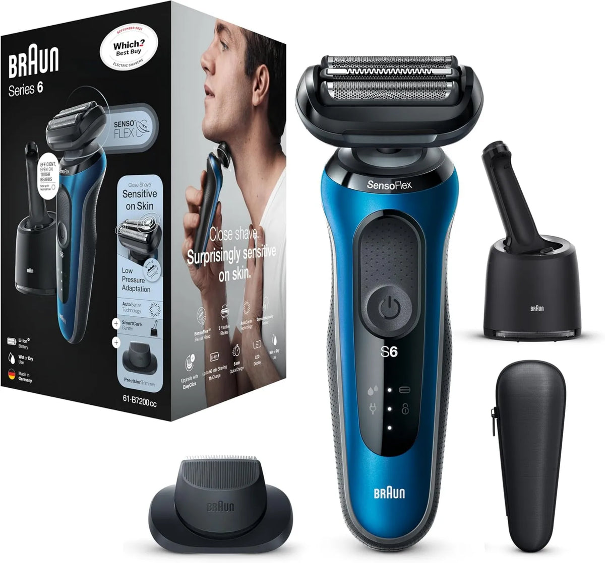 Braun, 60- B7200cc Golenie, gniazdko, grill, bezprzewodowy, niebieski, dla mężczyzn z precyzyjną kosiarką i centrum SmartCare 60-B7200cc