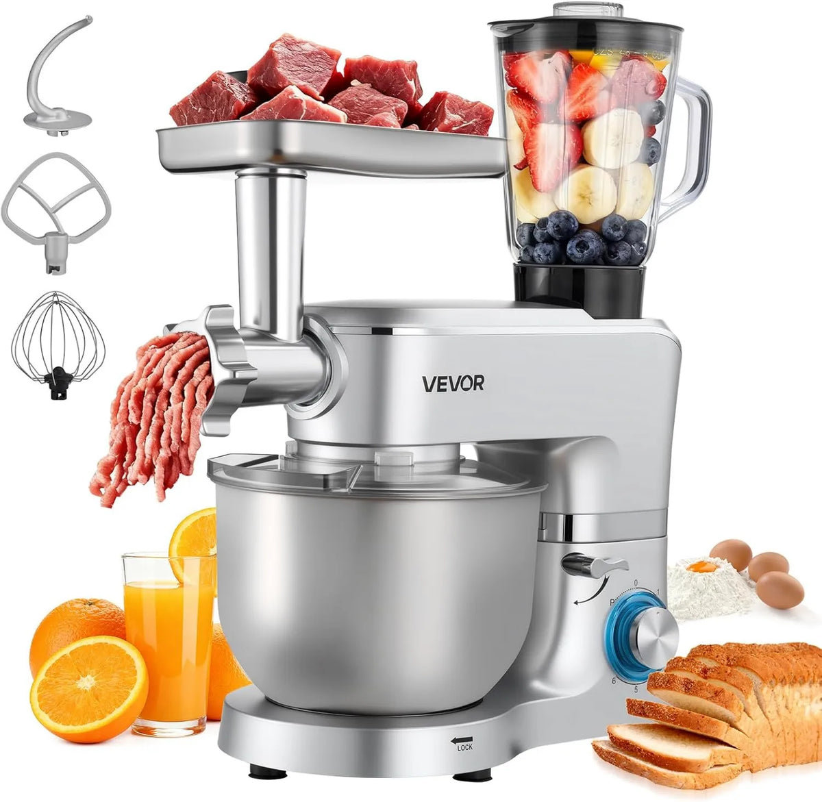 VEVOR mikser planetarny, Blender, 6 l, 1500 W, Stal nierdzewna Bol, 6 l Pasty i wyroby kulinarne, 1, 5 l