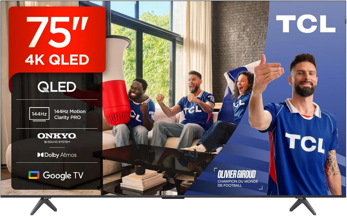 TCL telewizor, Google 75T8C Smart TV, 75 cali, 144 Hz, TV, 4K UHD, QLED, HDR, Dolby Vision & Atmos, 144 Hz Motion Clarity Pro, Onkyo 2, 1 Sound, FreeSync