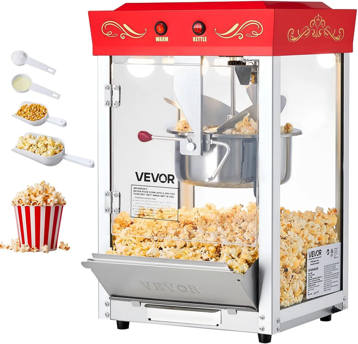 Maszyna do popcornu, 800 W, 48 filiżanek, VEVOR Maszyna do popcornu z czajnikiem ze stali nierdzewnej, komercyjna maszyna do popcornu, styl kinowy
