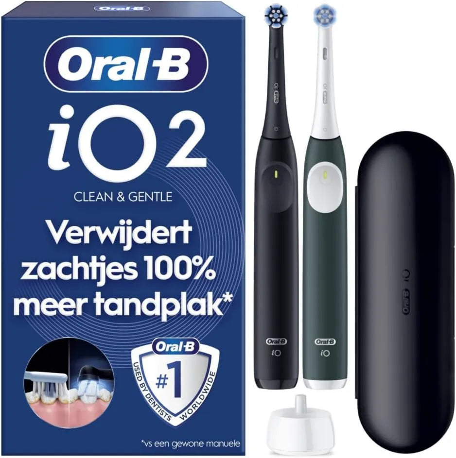 Oral-B, Seria 2 podróżnik, Oral- B iO Zestaw 2 elektryczne szczoteczki do zębów, Night czarny & Forest Green, wyposażony w 2 szczotki, do 4 tygodni